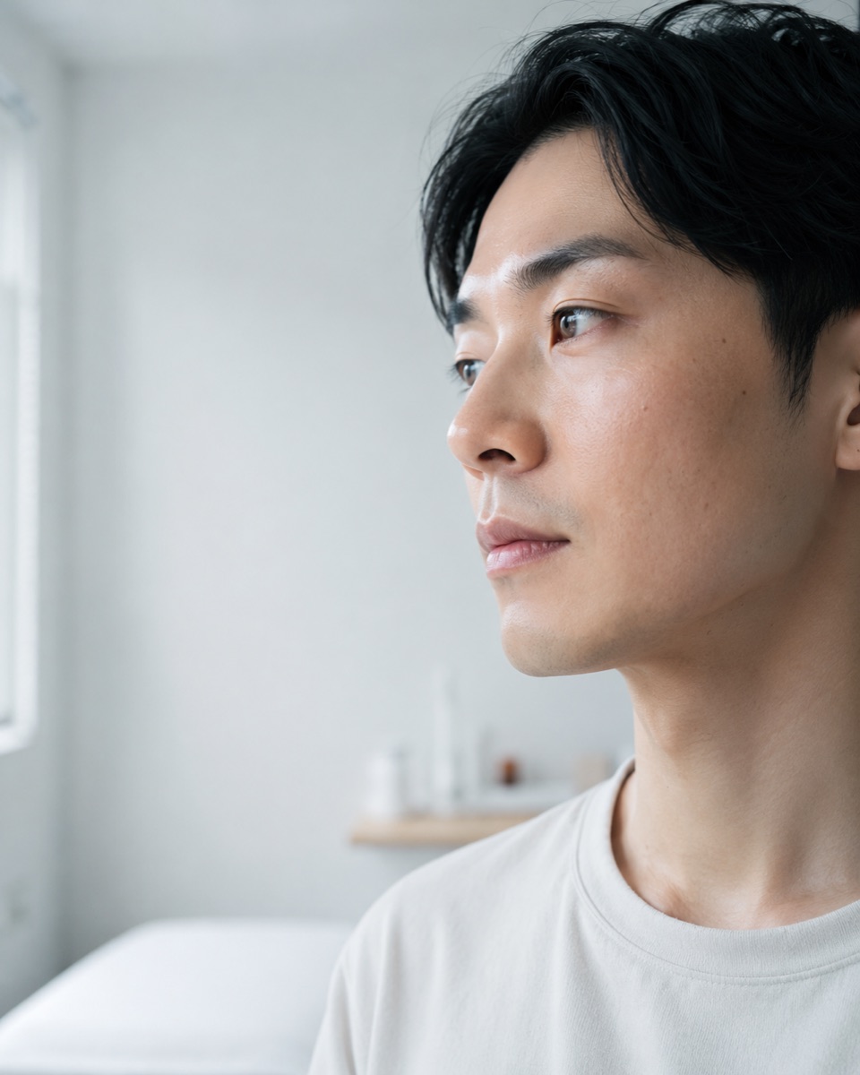 洗顔後の清潔な素肌の男性の横顔