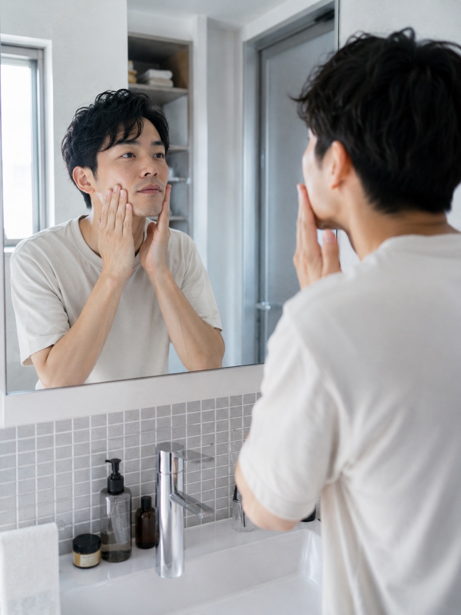 自宅で洗顔・保湿をする様子